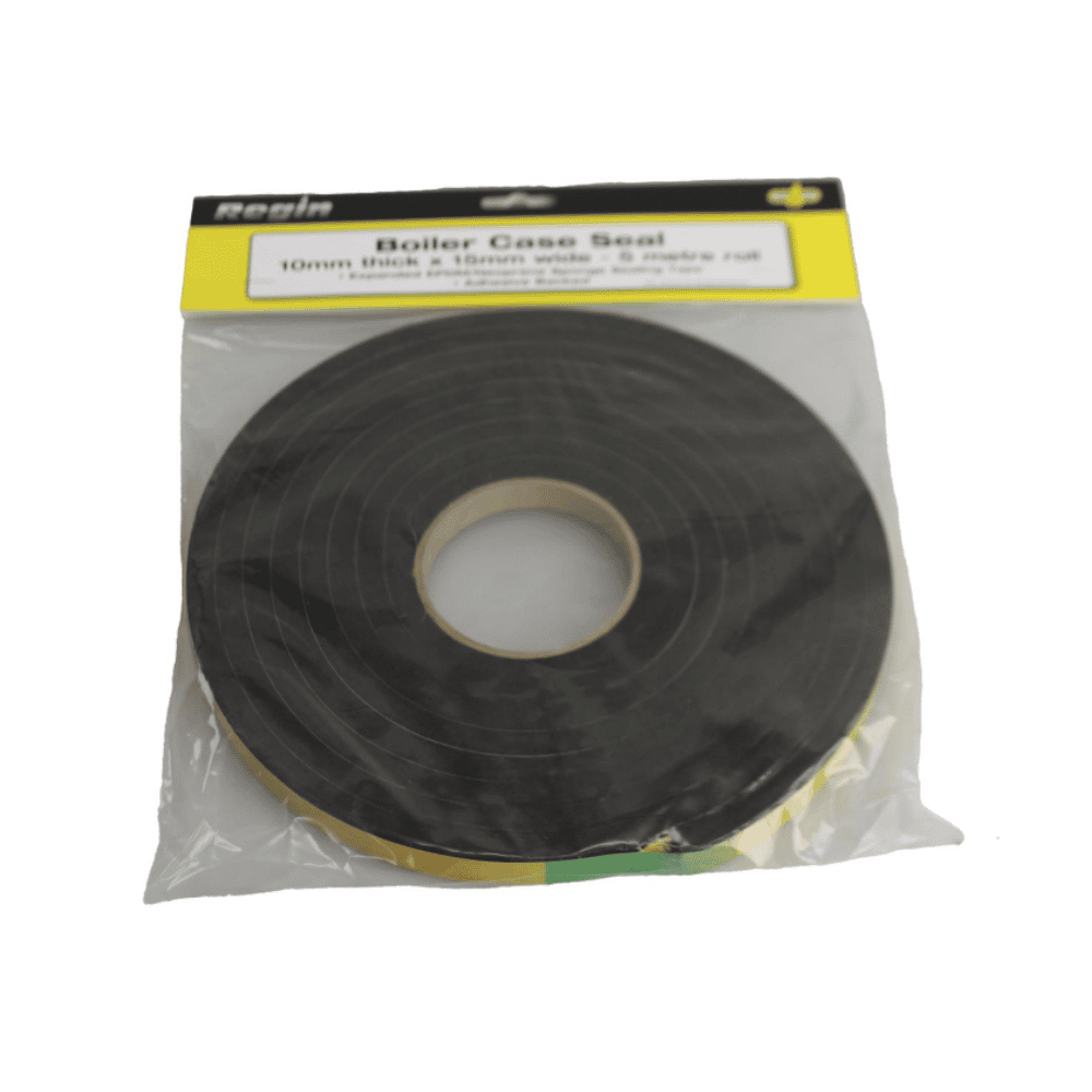 A roll of black boiler case seal tape in clear plastic packaging with a yellow and black header card. The text on the header reads 'Boiler Case Seal 10mm thick x 15mm wide - 5 metre roll'.