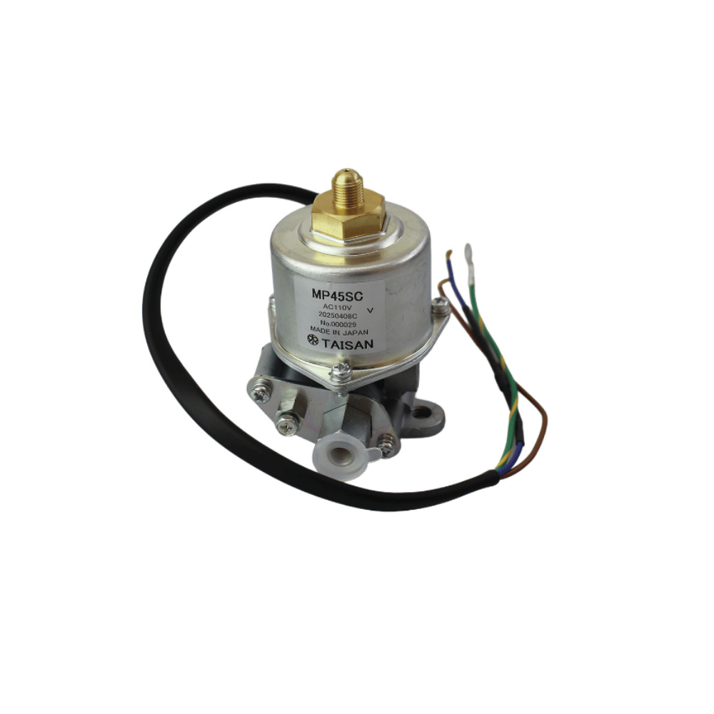 A Taisan MP455C solenoid valve with a silver metal body, a black looped wire, a brass-colored top fitting, and a multi-colored wire harness, shown on a plain white background.